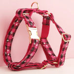 Red plaid dog harness with matching leash straps and gold buckles