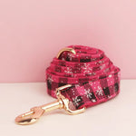 Red plaid dog leash with star motifs and gold lobster clasp