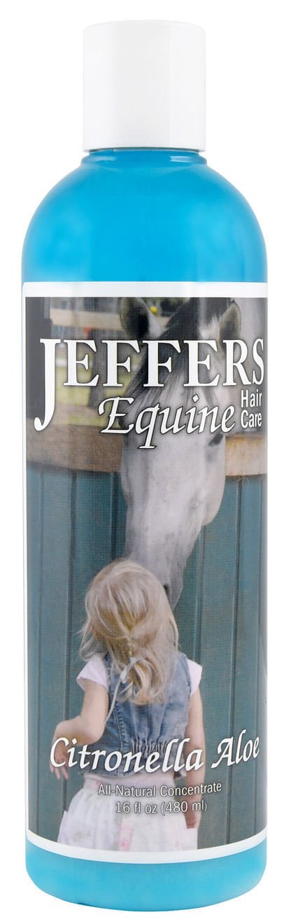 Horse shampoo bottle, blue liquid, white cap, Jeffers Equine label