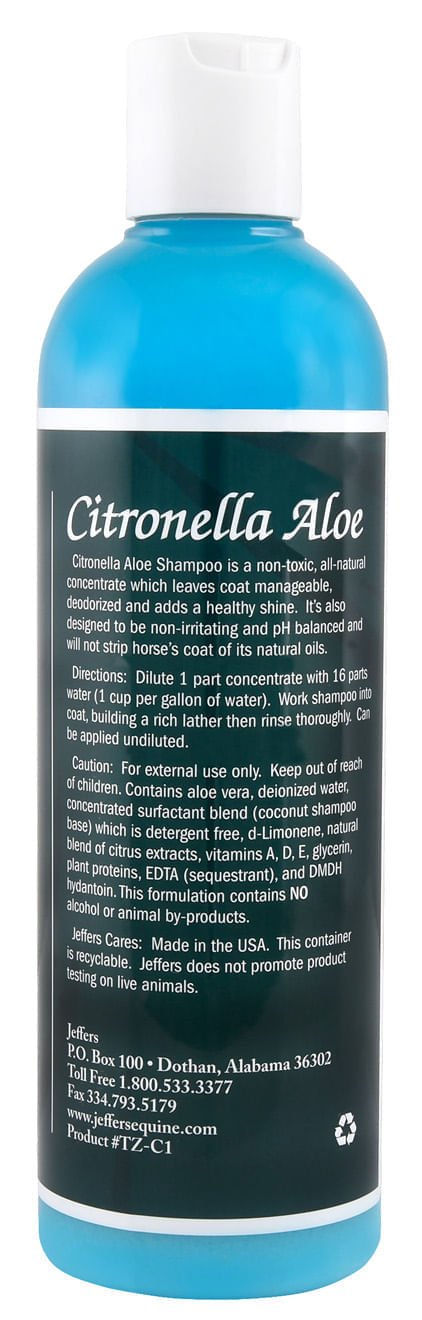 Horse shampoo bottle back label with ingredients text, blue bottle, white cap