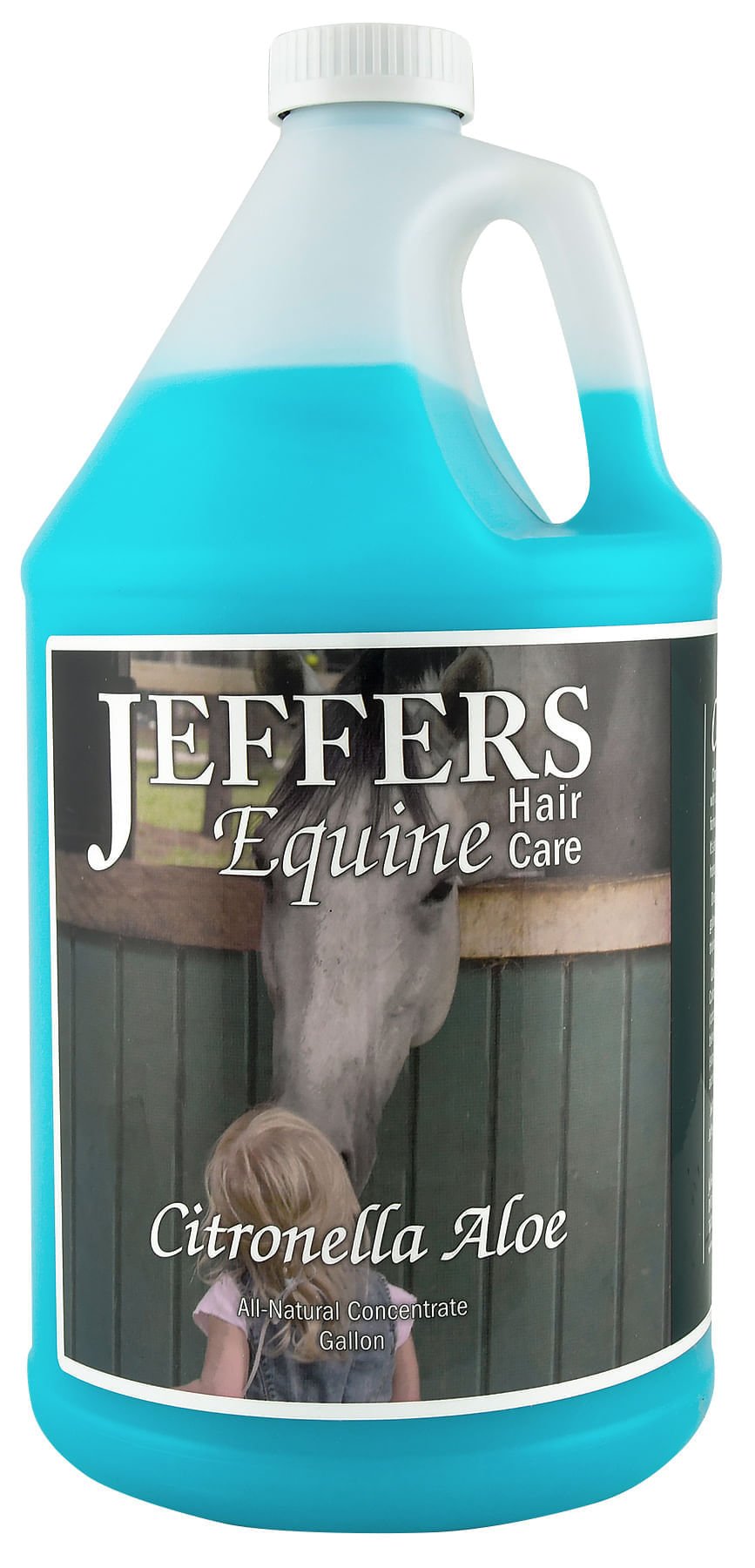 Horse shampoo jug with handle, blue-and-white, Jeffers Equine Citronella Aloe label