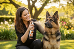 Pet cologne spray bottle held near a German shepherd dog, 16 oz.
