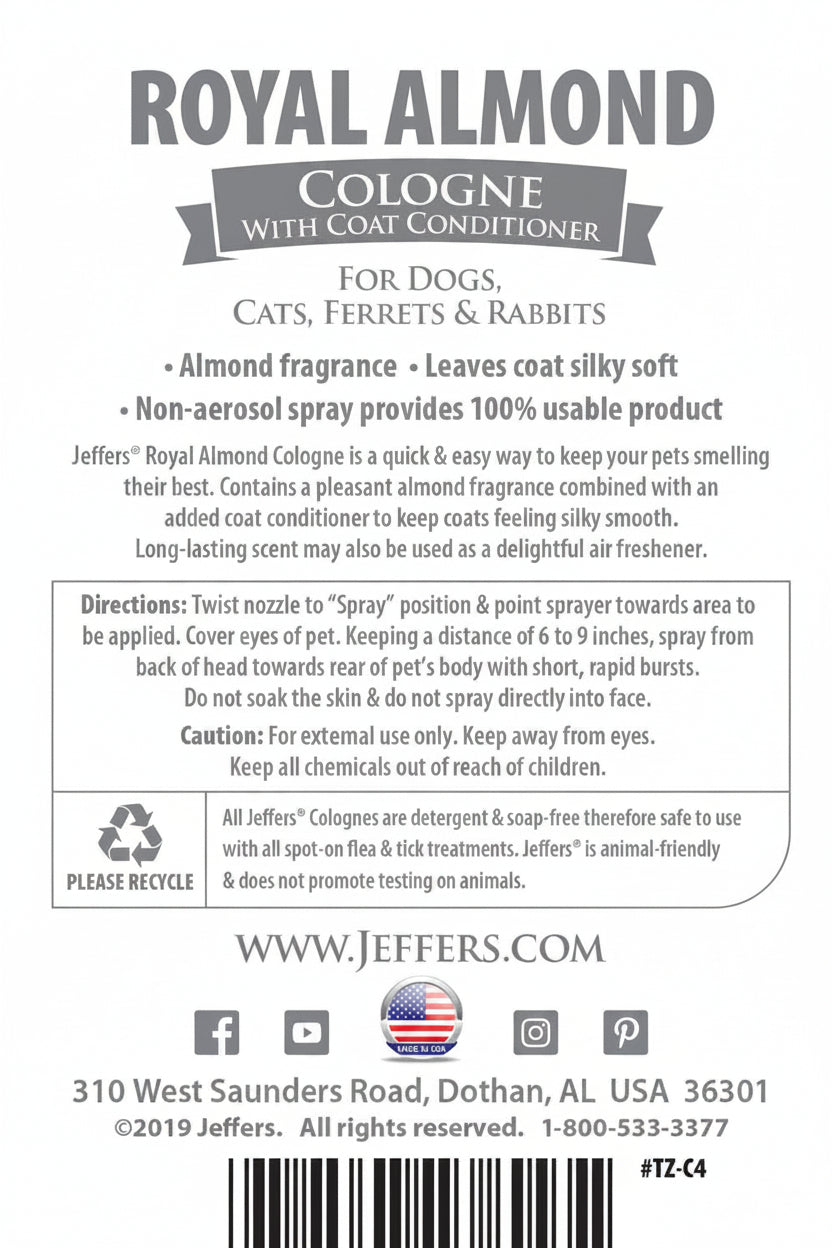 Royal Almond pet cologne with coat conditioner label, directions and ingredients.