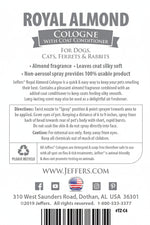 Royal Almond pet cologne with coat conditioner label, directions and ingredients.