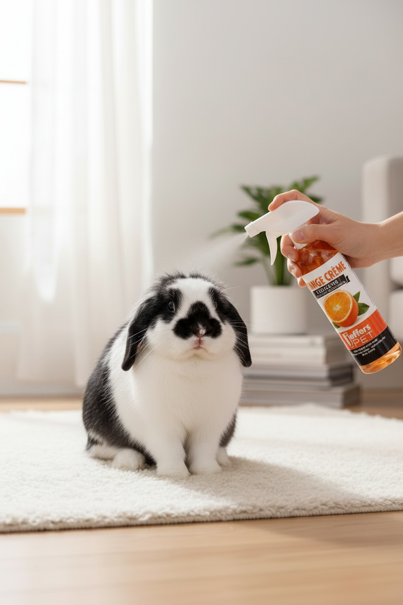 Pet cologne spray bottle held above a black-and-white rabbit on a rug, 16 oz.