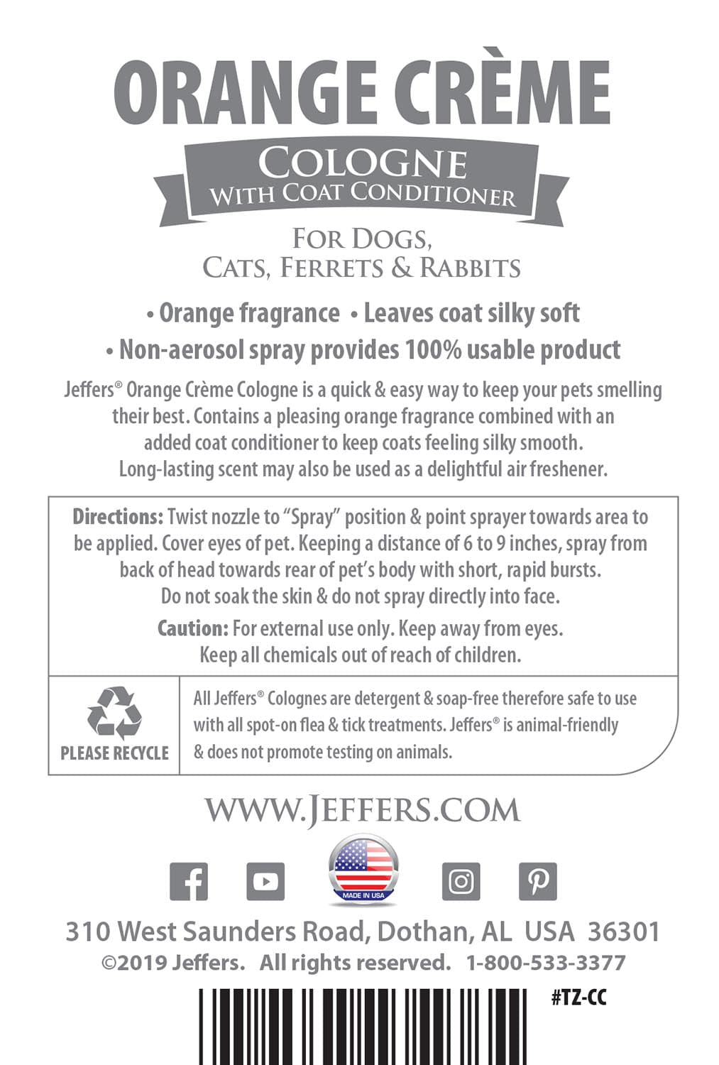 Orange creme pet cologne & coat conditioner spray bottle label with usage and caution text