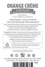Orange creme pet cologne & coat conditioner spray bottle label with usage and caution text