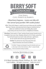 Berry soft pet cologne & coat conditioner spray bottle label with usage and caution text