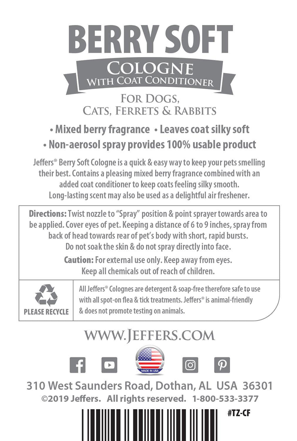 Berry soft pet cologne & coat conditioner spray bottle label with usage and caution text