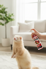 Pet cologne spray bottle with trigger near a white kitten standing, 16 oz.