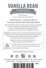 Vanilla bean pet cologne & coat conditioner spray bottle label with usage and caution text