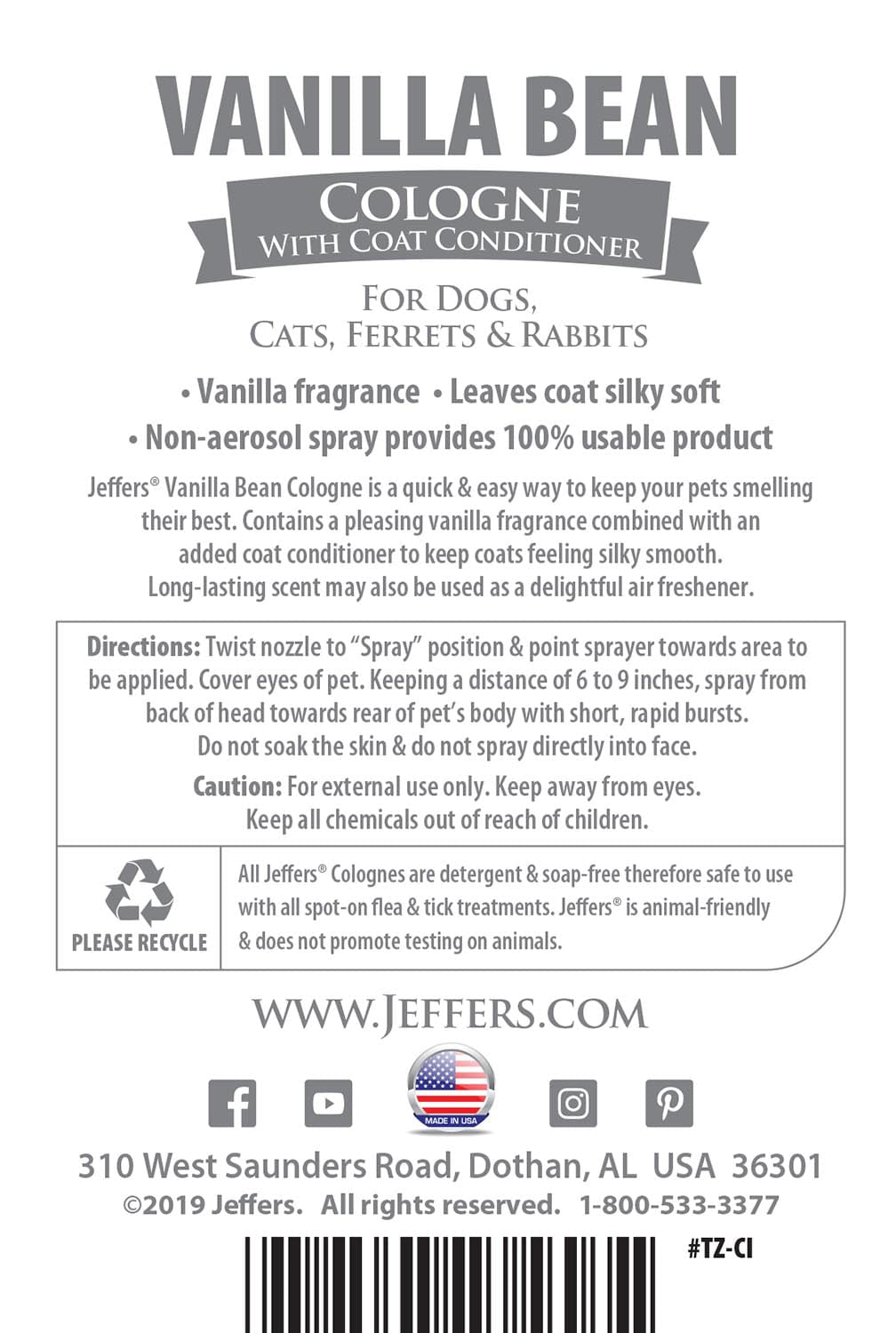 Vanilla bean pet cologne & coat conditioner spray bottle label with usage and caution text
