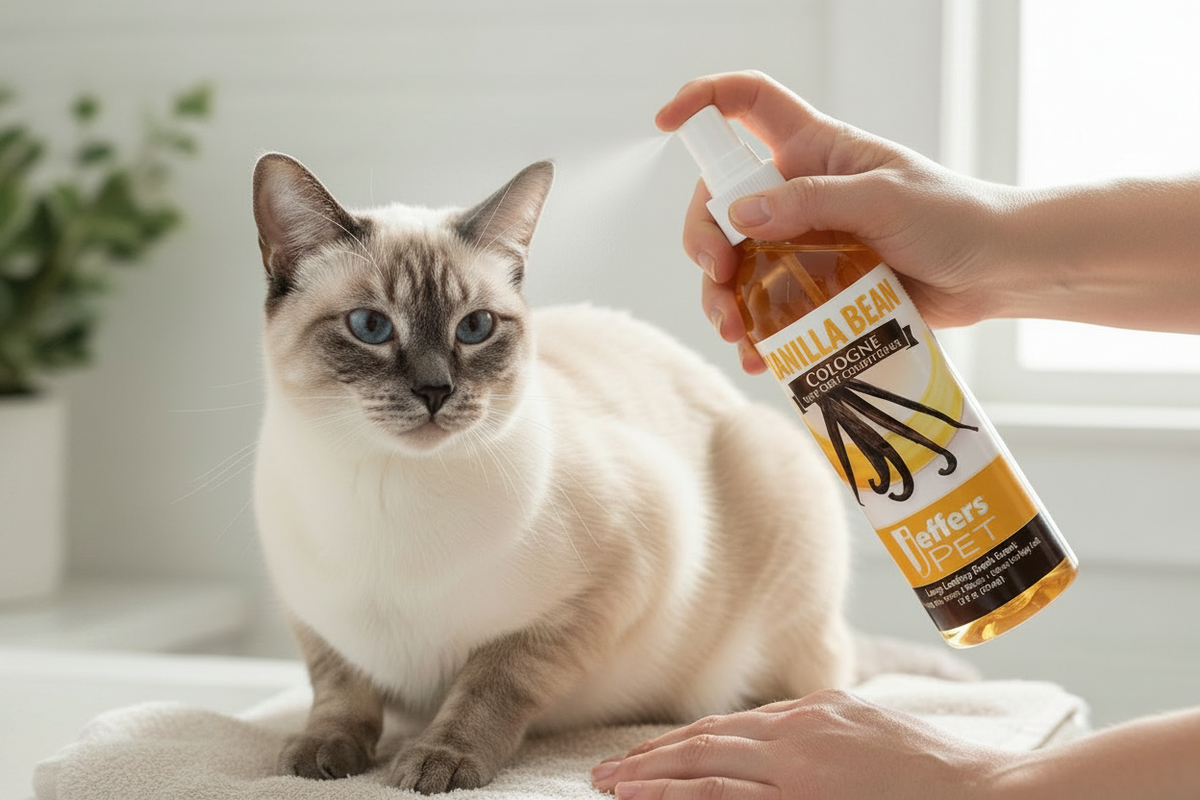 Pet cologne coat conditioner spray bottle held near a sitting blue-eyed cat, 16 oz.