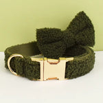Olive teddy dog collar with gold-tone metal buckle and D-ring clasp