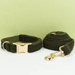 Olive teddy dog collar and leash set with gold clasp hardware