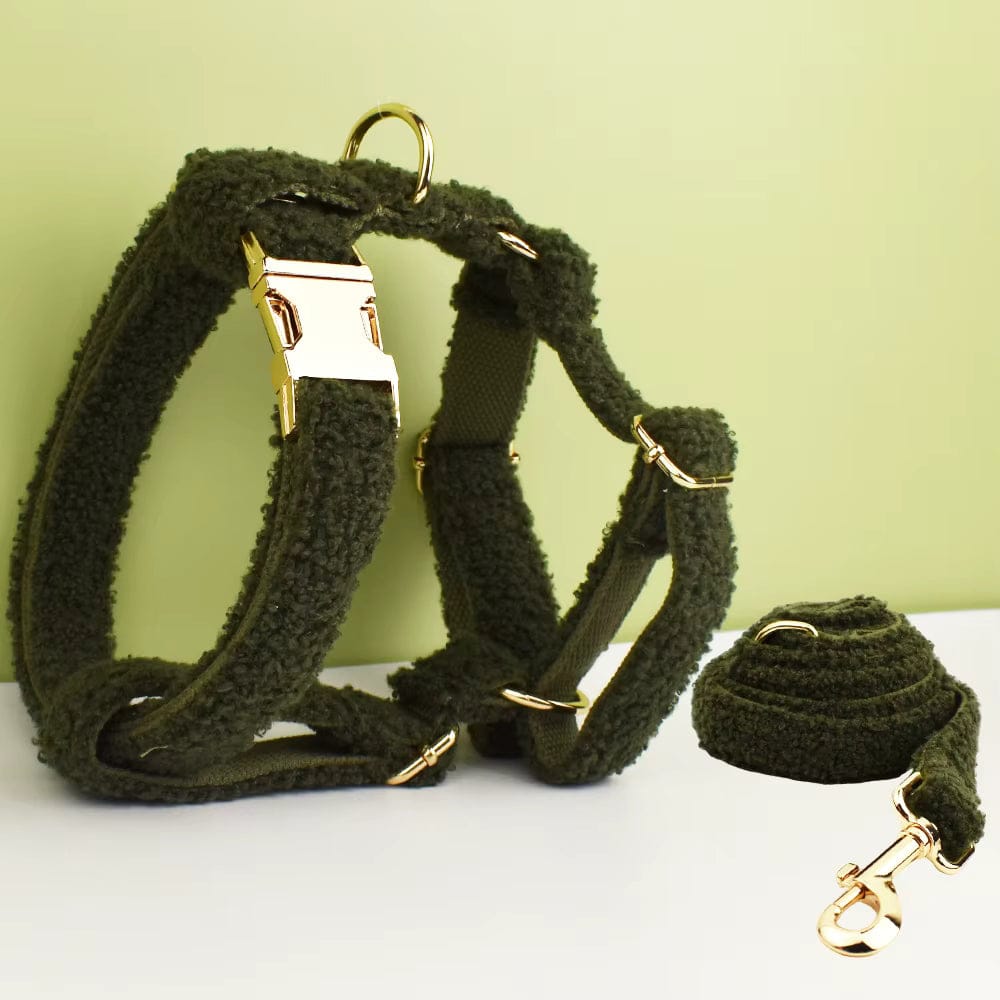 Olive teddy dog harness with gold hardware and side leash clip