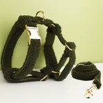 Olive teddy dog harness with gold hardware and side leash clip