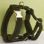 Olive teddy dog harness with gold buckle and front ring