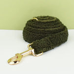 Olive teddy dog collar with gold clasp and attached D-ring