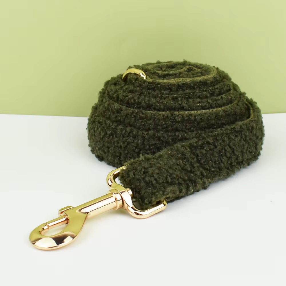 Olive teddy dog collar with gold clasp and attached D-ring
