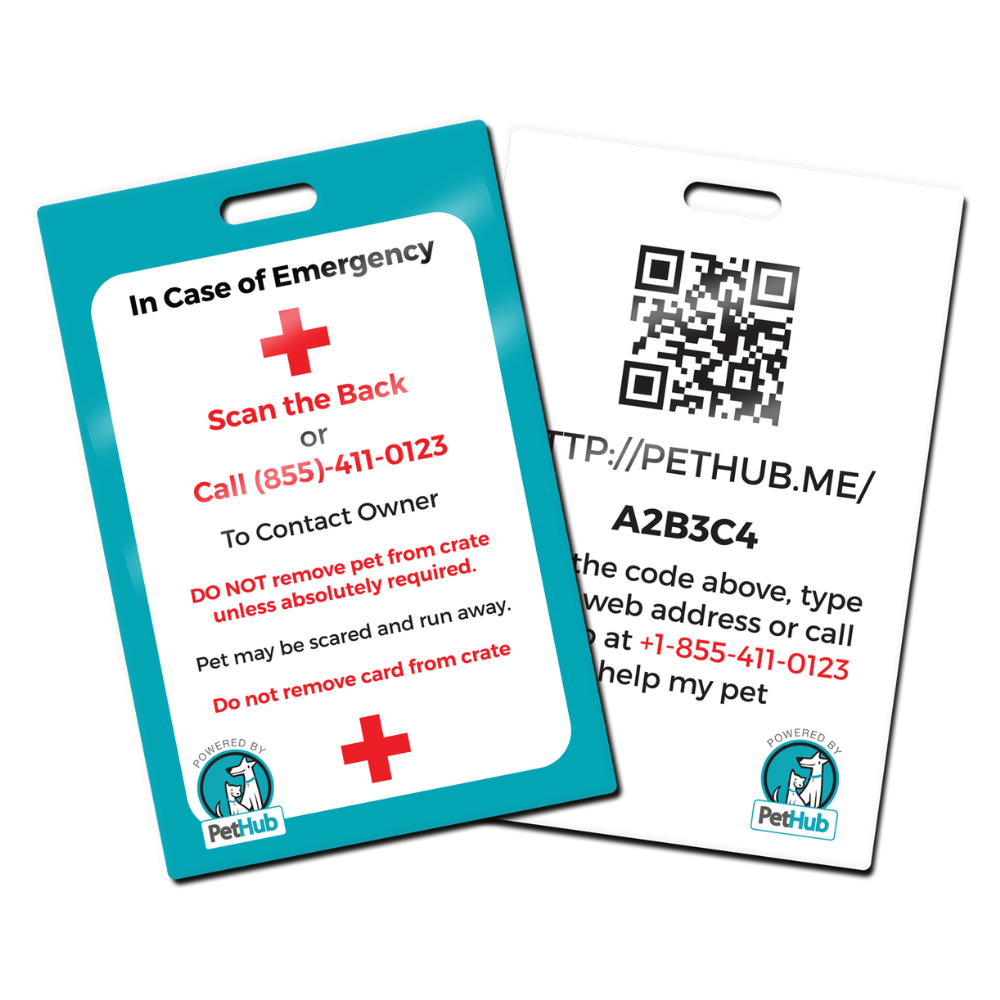 QR pet identification travel crate card with emergency contact info and QR code