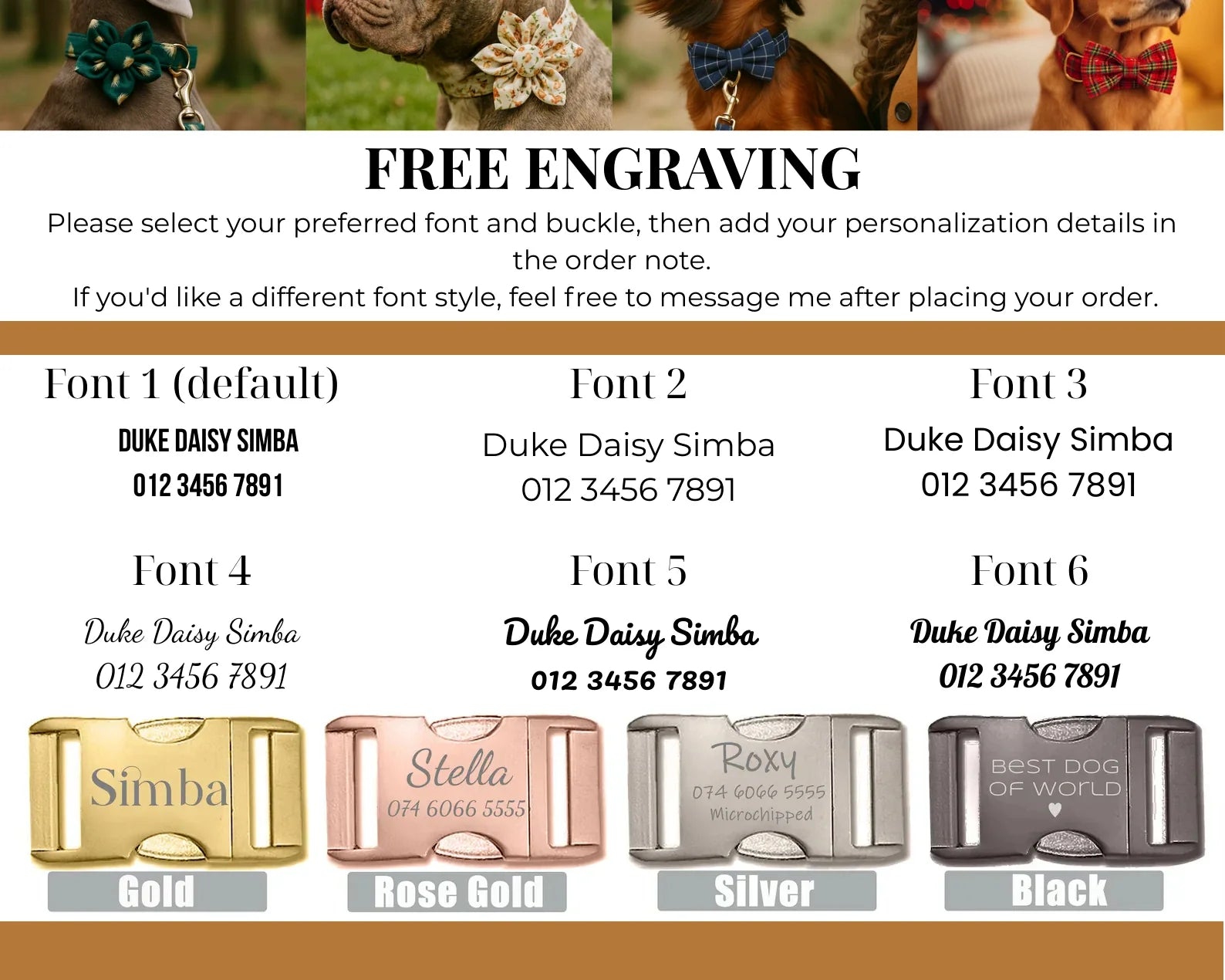 Personalization and engraving options card for dog collar set, font and metal color choices