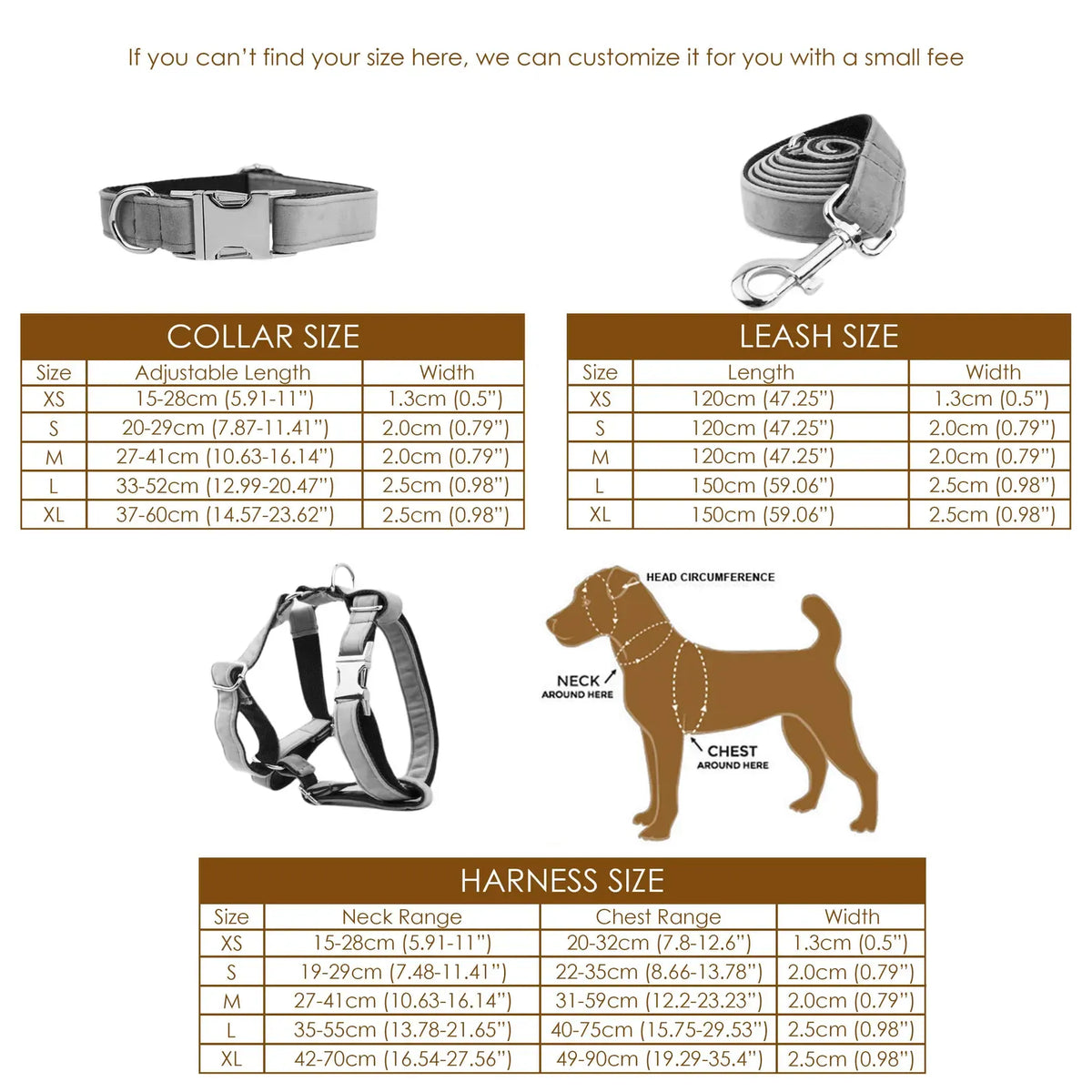 Dog collar, harness, and leash size chart with measurement ranges