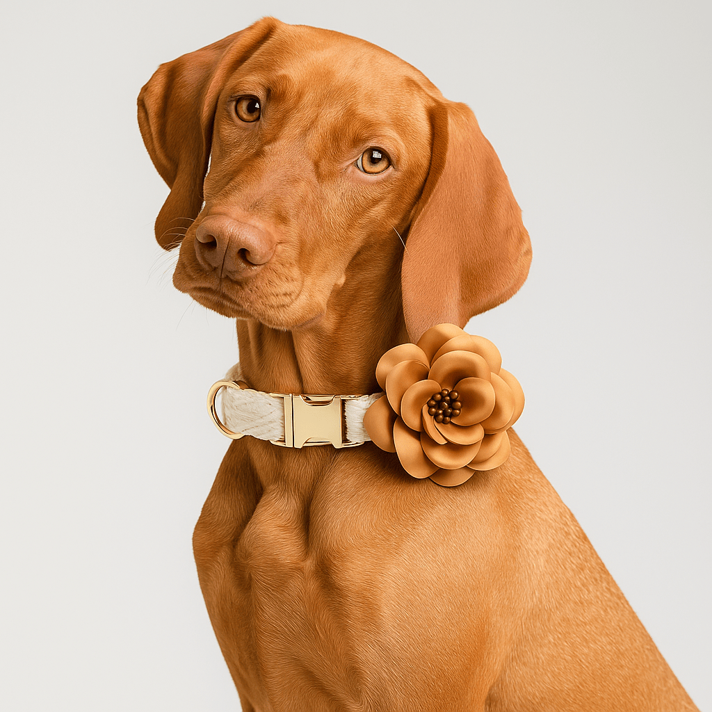 Tan dog wearing a cream collar with gold buckle and large tan flower