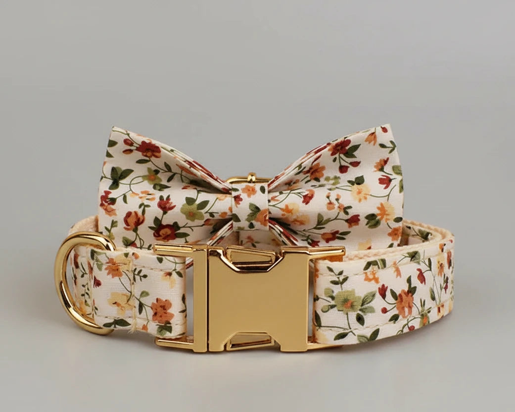 Floral dog collar set with bowtie, ivory fabric with small blossoms and gold buckle hardware