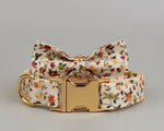 Floral dog collar set with bowtie, ivory fabric with small blossoms and gold buckle hardware