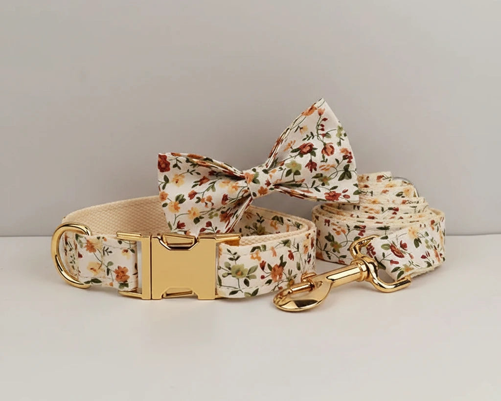 Floral dog collar with bowtie and matching leash, ivory base with blossom print and gold hardware