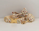 Floral dog collar with bowtie and matching leash, ivory base with blossom print and gold hardware