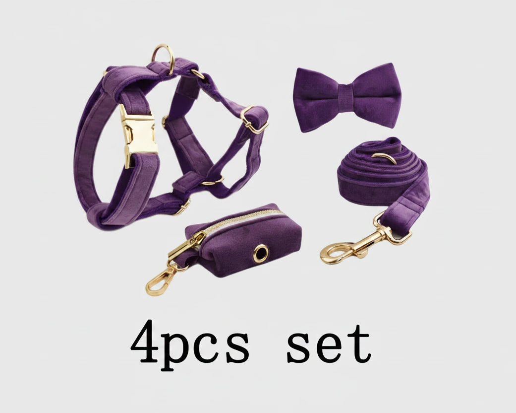 Velvet Purple 4-piece set: harness, bowtie, leash and poop bag pouch