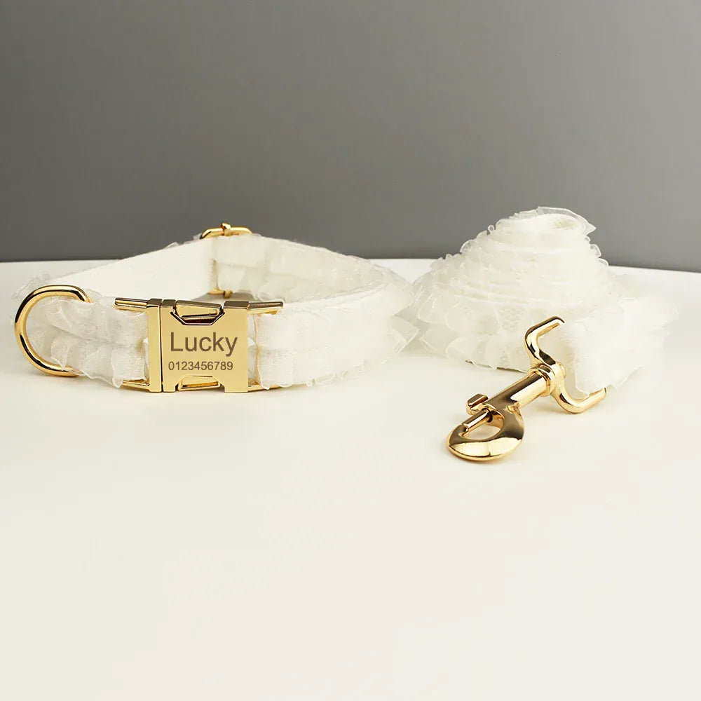 White ruffled dog collar and leash set with gold-tone buckle and carabiner clips