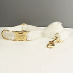 White ruffled dog collar and leash set with gold-tone buckle and carabiner clips