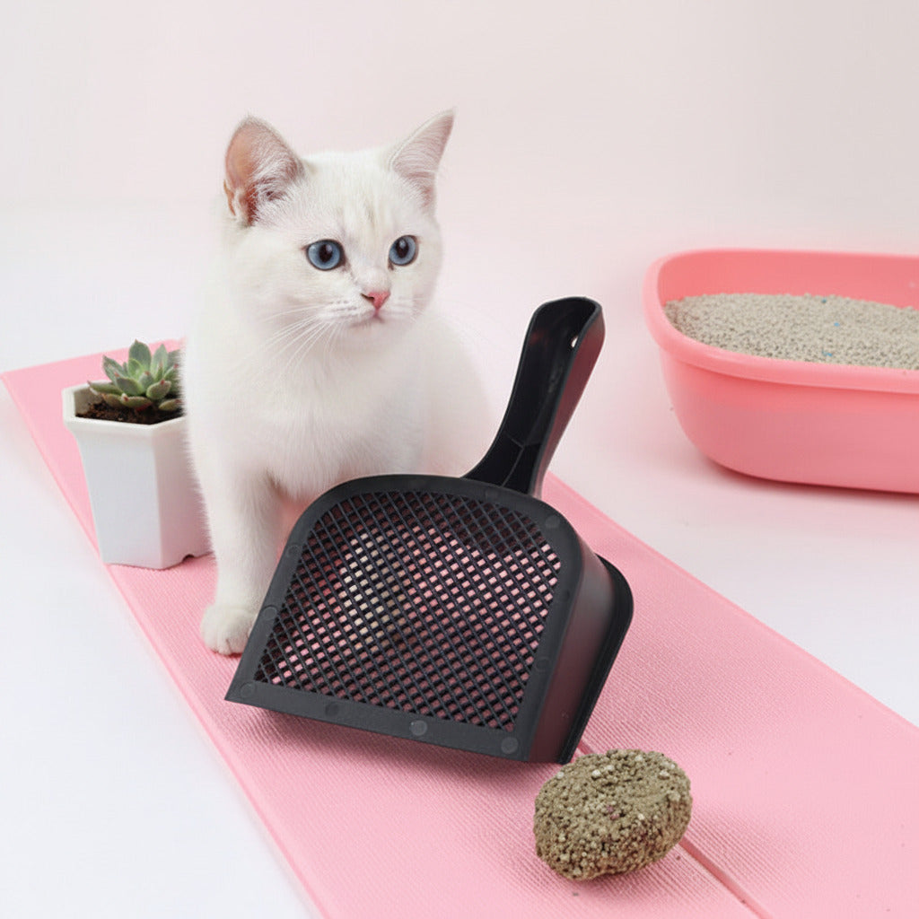 Black cat litter scoop on tray, perforated sifting pan and handle