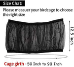 Black mesh bird cage seed catcher with elastic rim, size diagram