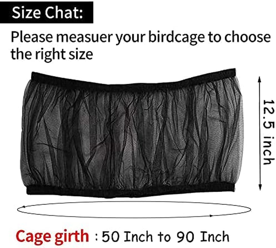 Black mesh bird cage seed catcher with elastic rim, size diagram