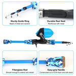 Kids fishing rod with metal guide ring, reinforced reel seat, and EVA foam easy-grip handle