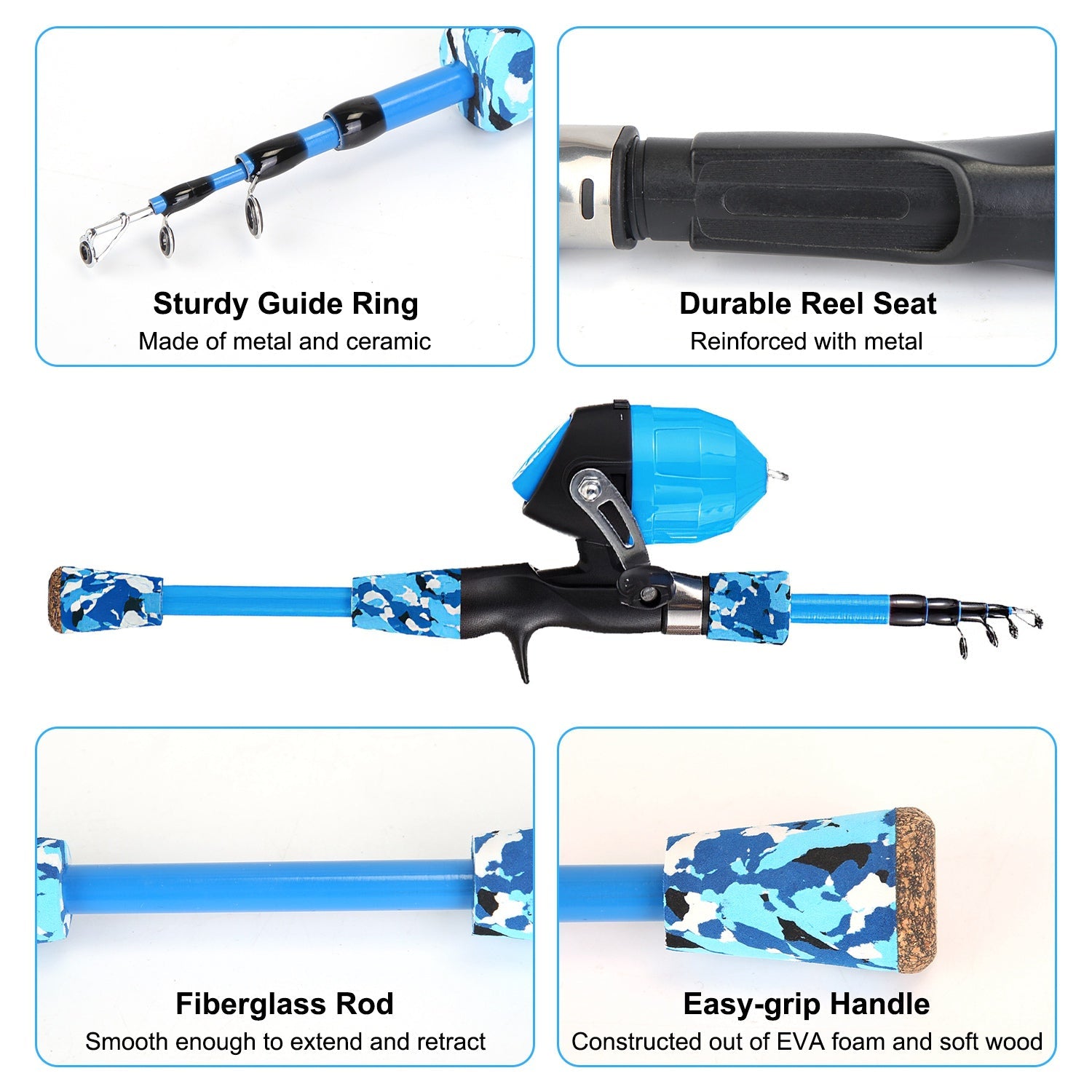 Kids fishing rod with metal guide ring, reinforced reel seat, and EVA foam easy-grip handle