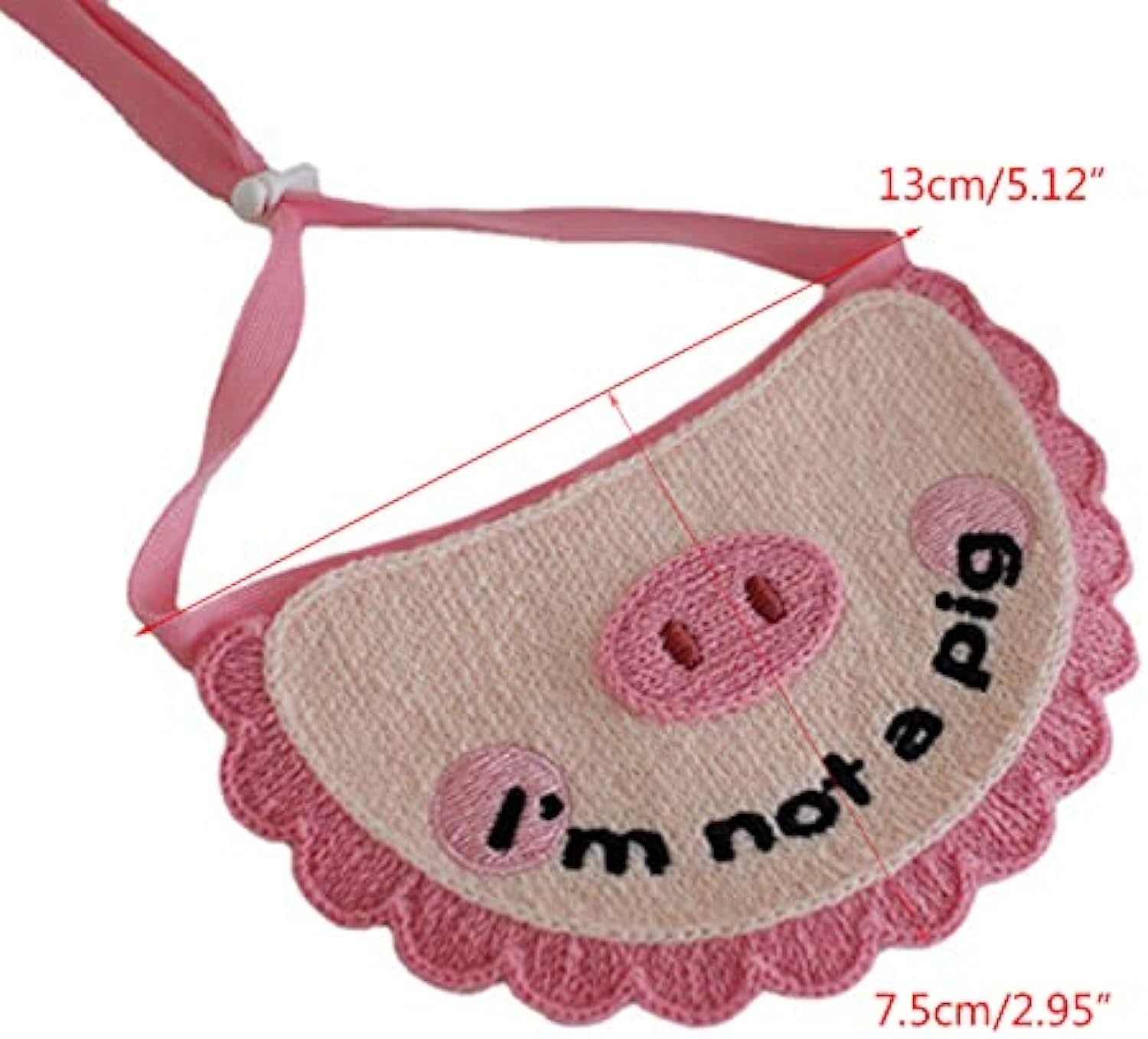 Pink crochet pet drool towel with pig face applique and scalloped edge