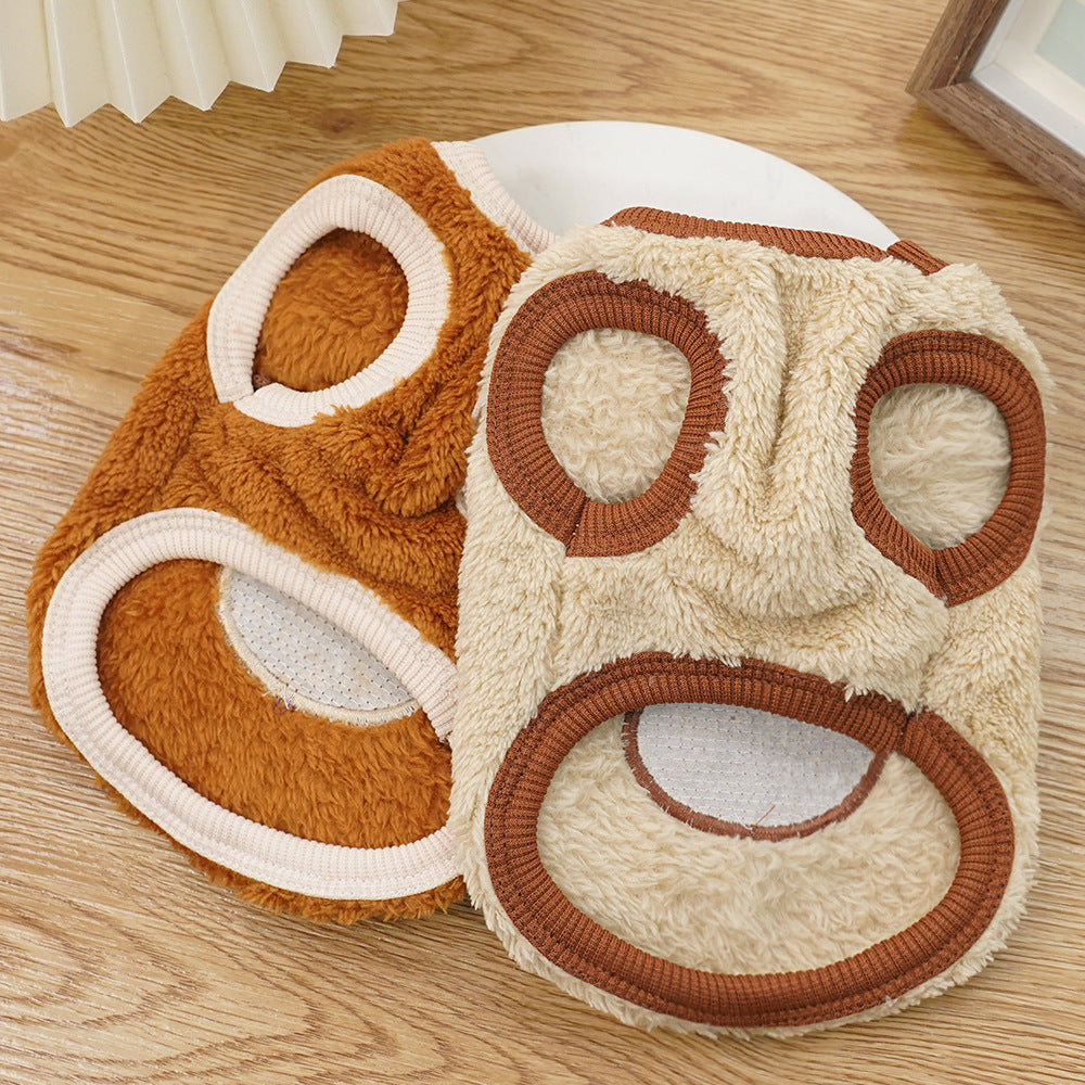 Bear ears fleece-lined dog sweater pair, brown and beige bear-face fronts