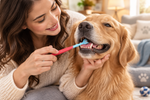 Pink pet toothbrush with bristle head brushing a dog’s teeth