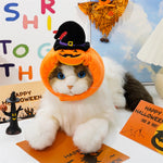 Halloween pumpkin pet costume with black witch hat and orange plush body, green neck ruffle