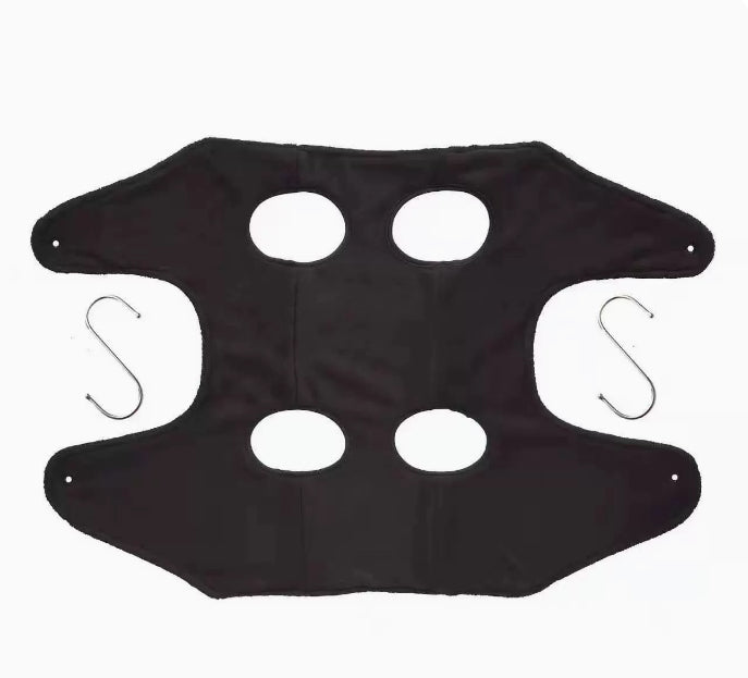 Black pet grooming hammock helper restraint bag with four paw holes and metal hooks