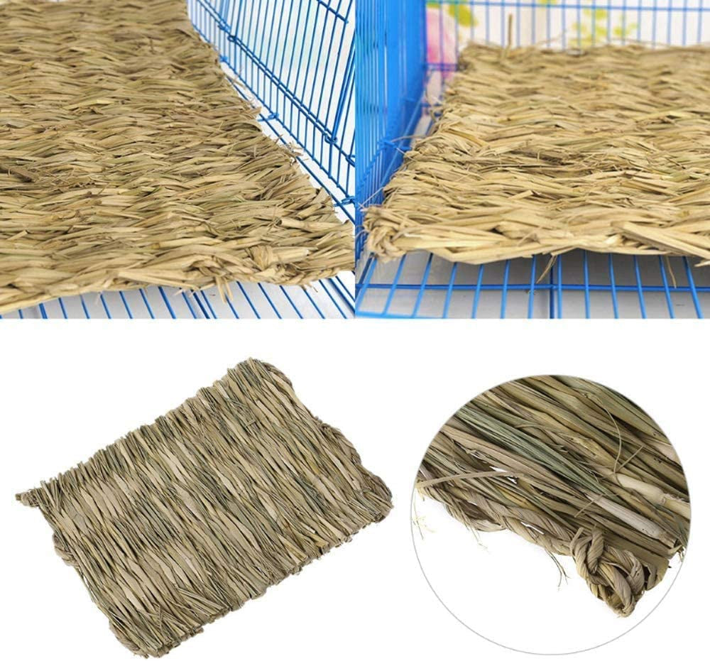 Corner view of woven straw pet mat on wire tray
