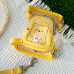 Yellow cat traction rope harness with teddy bear cartoon patch and metal leash clip