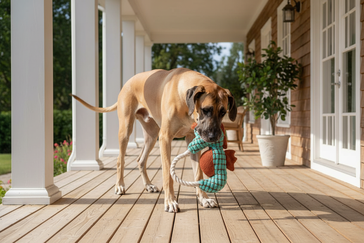 Green seahorse plush dog toy with rope handle, carried by a dog