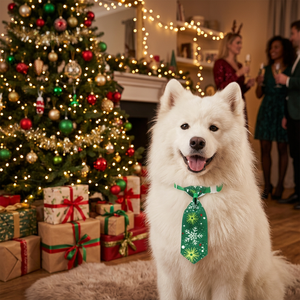 Pet Christmas necktie, green with snowflake graphic