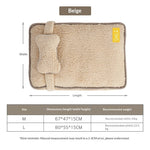 Beige plush pet sofa bed with attached bone-shaped bolster and side label